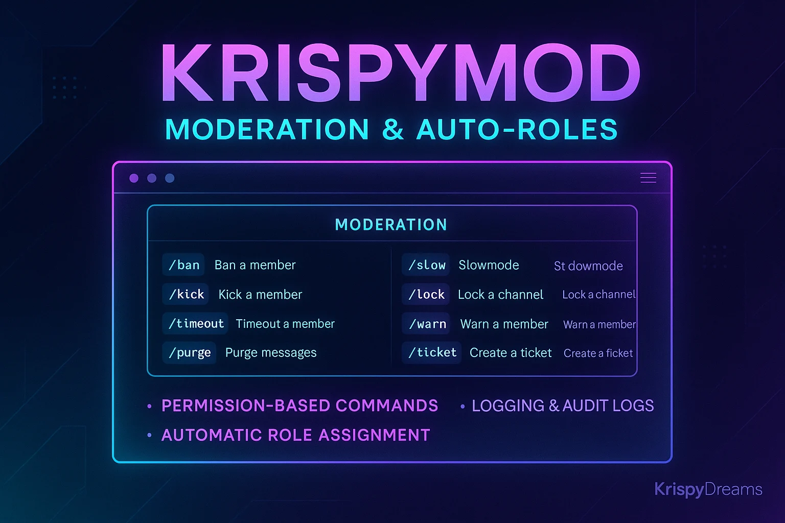 KrispyMod moderation panel with permission‑based commands